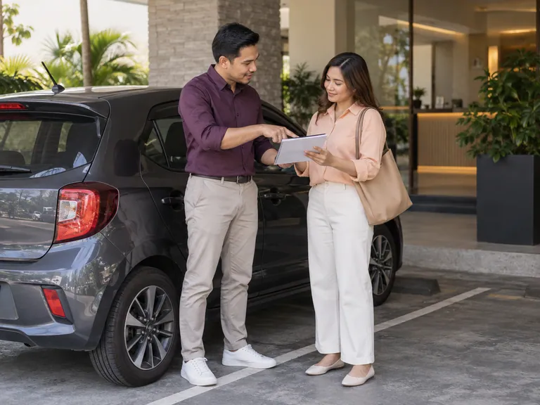 Dua pelanggan berbincang tentang nota di sebelah kereta