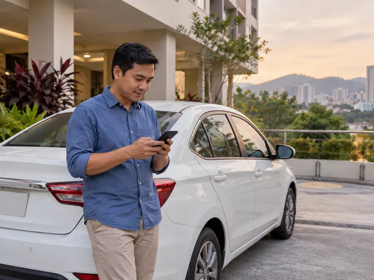 Pelanggan menyemak telefon di tempat letak kereta kediaman